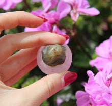 Load image into Gallery viewer, Raw green Sapphire on Rose Quartz Heart Chakra Opener