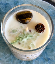 Load image into Gallery viewer, Crystal Candle (Strength) Moroccan Amber with Tigers Eye Heart & Flourite
