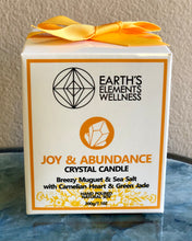 Load image into Gallery viewer, Crystal Candle (Joy &amp; Abundance) Breezy Muguet &amp; Sea Salt with Carnelian Heart and Green Jade
