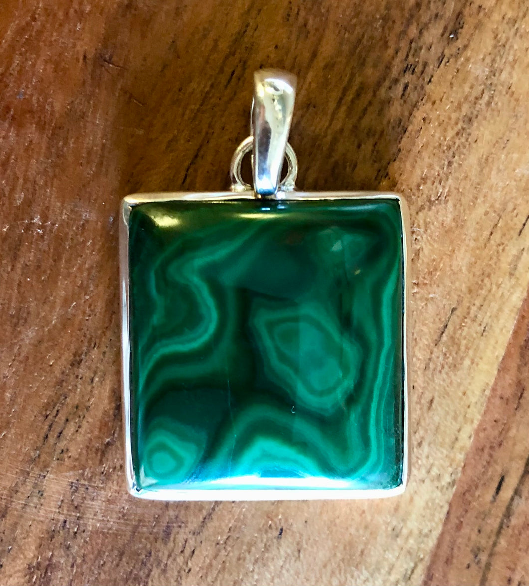 Malachite Square Pendant With 925 Sterling Silver