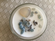 Load image into Gallery viewer, Crystal Candle (Calming Paradise) Coconut Vanilla, with Opalite Heart &amp; Aquamarine

