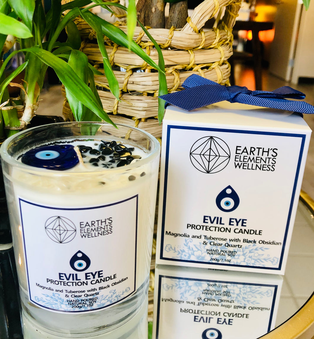 Crystal Candle (Evil Eye) Magnolia and Tuberose with Black Obsidian and Clear Quartz