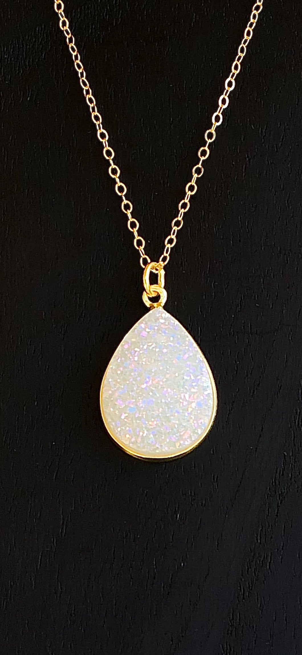 14K Gold Druzy Quartz Pear Necklace (Gold Chain Included)